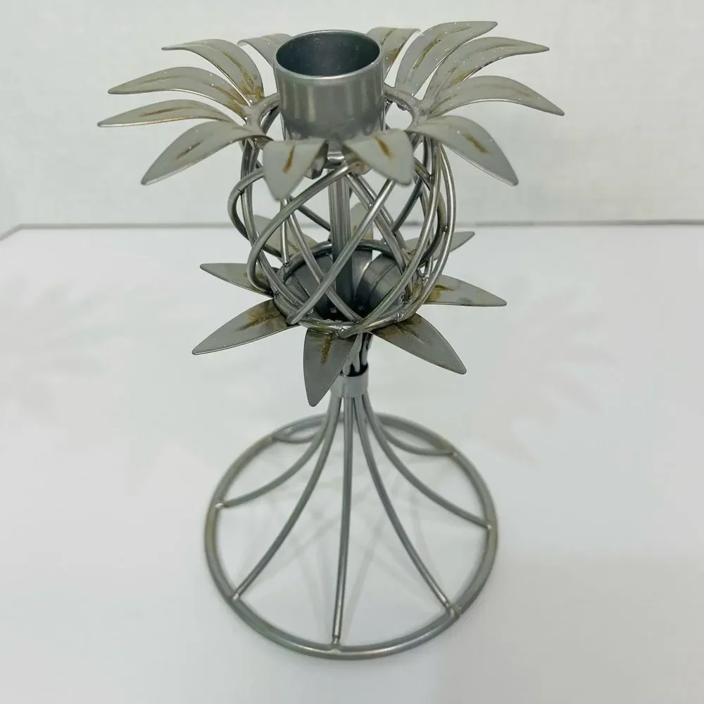 Pineapple Shape Metal Candle Sticks Holders Hawaiian Tropical Coastal Set of 2